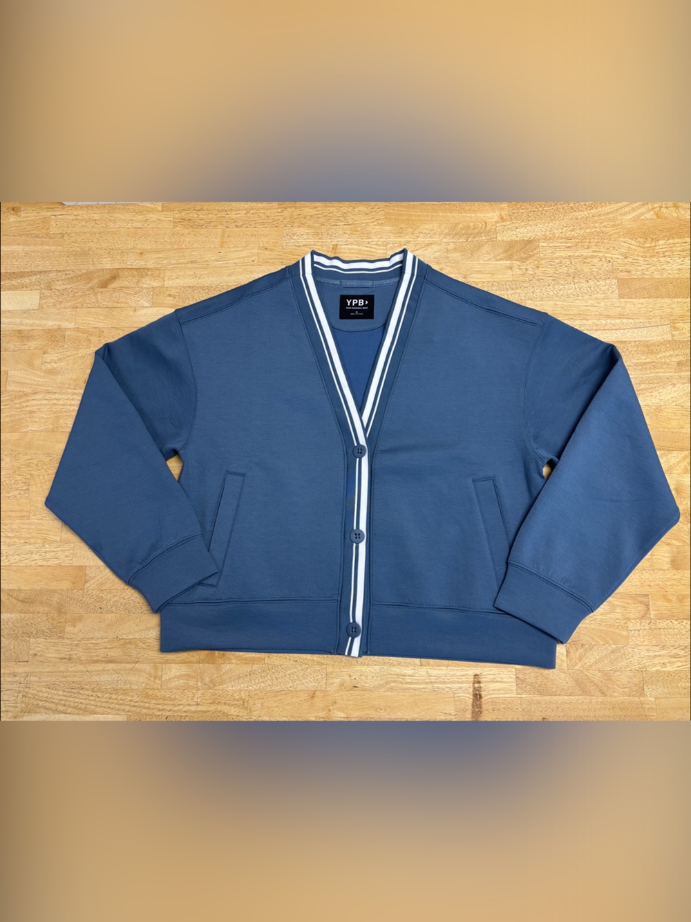 NWT Ambercrombie & Fitch YPB neoKNIT Steel Blue White Cardigan Size M